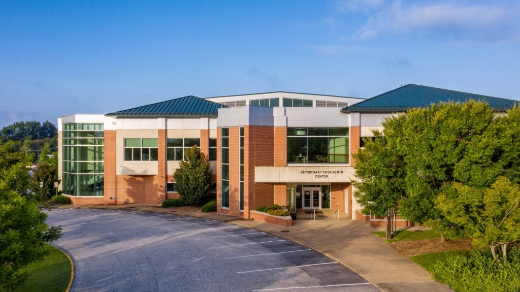 Aerial view of Veterinary Education Center, 2-story red brick building